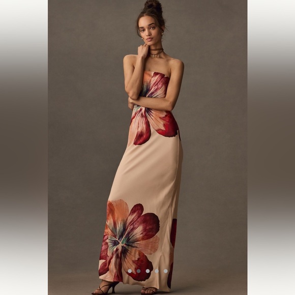 Anthropologie The Fleur Strapless Satin Maxi Dress Floral Print - Picture 1 of 7
